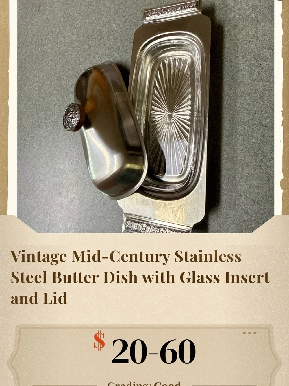 Vintage Mid-Century Stainless Steel Butter Dish with Glass Insert and Lid